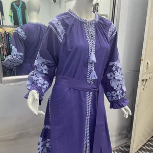 Premium Designer femmes 100% coton Satin Maxi robe décontracté à manches courtes Machine broderie longue élégant naturel lavable - Product Image 1