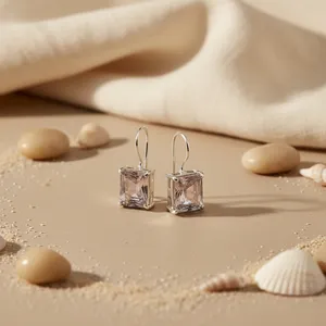 Minimalist 925 <b>Silver</b> Emerald Cut Crystal Drop Earrings for <b>Women</b> Everyday Wear Geometric Bezel Setting Jewelry - Product Image 1