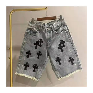 Pantalones cortos vaqueros personalizados para hombres y mujeres Pantalones cortos vaqueros OEM Fabricante Venta al por mayor Moda Streetwear Apliques personalizados Diamantes de imitación - Product Image 5