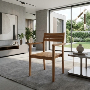 Fauteuil d'extérieur en bois de teck naturel à lattes, chaise de salle à manger en bois pour patio, mobilier de décoration de salle, design artistique pur - Product Image 5