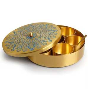 Hand made engraving beautiful design Good quality Brass Spice Box design spice box brass Metal with gold touch - Product Image 2