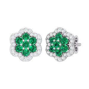 Pendientes de tuerca con diseño floral de esmeraldas y diamantes de corte brillante para mujer |   Oro de 14K |   Regalo para Ella - Product Image 1