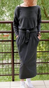 Elegant Women's 100% Cotton Dress with Long Sleeves Loose Fit <b>Mid</b>-<b>Calf</b> Belt Customizable Eco-Friendly Woven Natural Waistline - Product Image 2