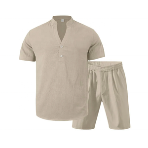 BLIZ SPORTS WEAR Men's Light Blue Cotton Henley T-Shirt Shorts <b>Set</b> Casual Summer <b>Knitted</b> 280 GSM Two Piece Outfit Breathable - Product Image 4
