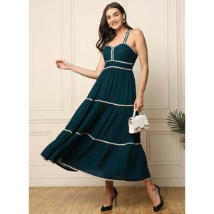 DEEBACO Women's Solid Teal Rayon Tiered <b>Dress</b> Sweet Heart Neck Sleeveless Fit and Flare Maxi Length Party Casual Western Wear - Product Image 1