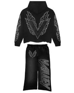 Ensemble pantalon de survêtement évasé à capuche zippé et délavé à l'acide avec impression d'un poids lourd personnalisé Survêtement vintage à rayures fanées au soleil pour l'hiver - Product Image 2