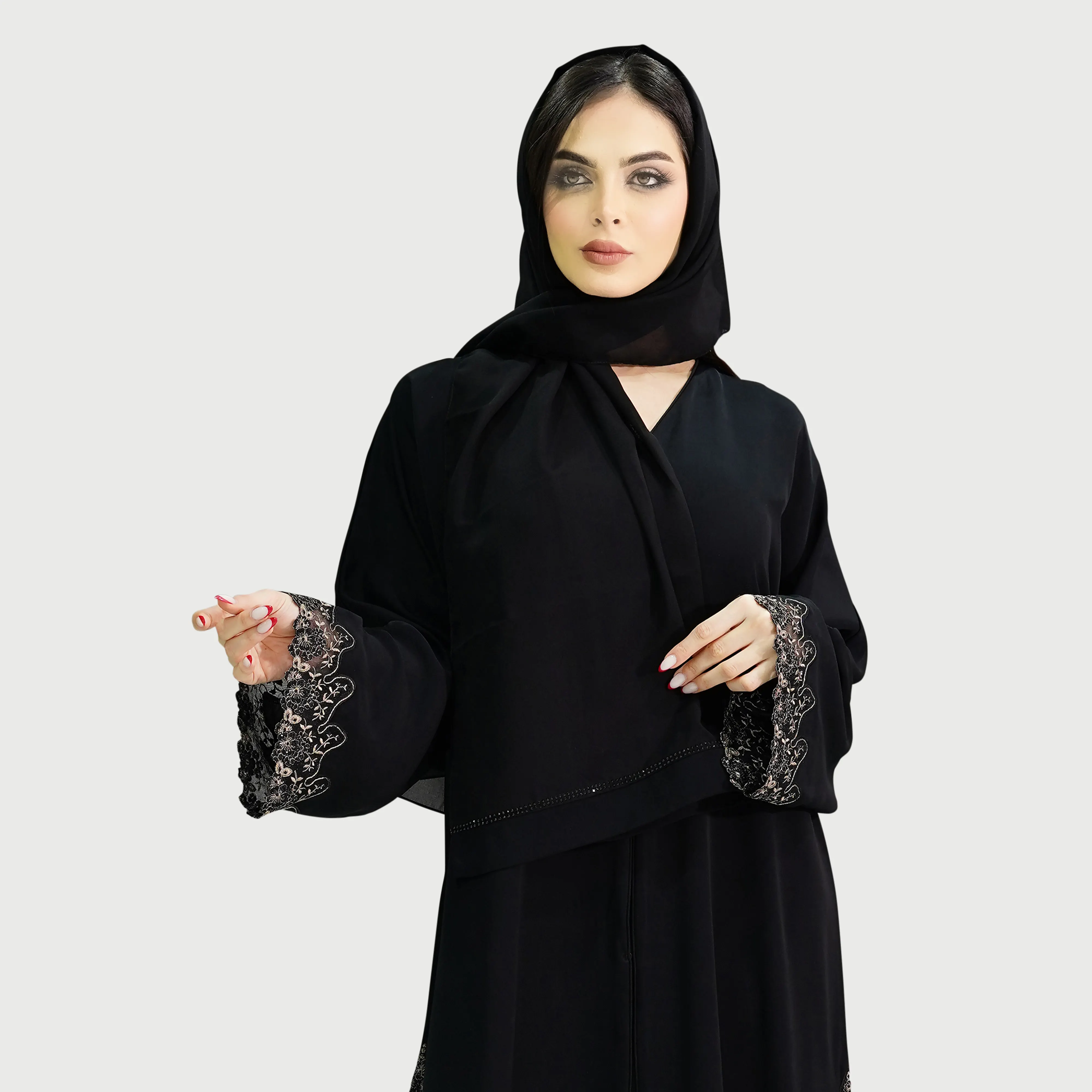 Abaya ouverte noire-conception de dentelle latérale d'Aisha-tissu coréen de Nida
