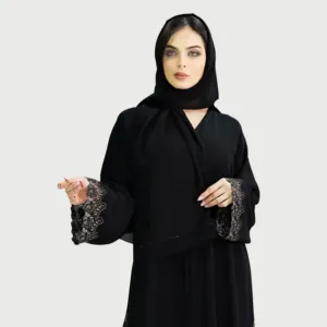黑色开放式Abaya-Aisha侧蕾丝设计-韩国Nida面料