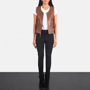 <b>Women's</b> Fashionable Cowhide Leather <b>Waistcoat</b> Sleeveless Motorbike Vest Fur Decoration Breathable Outer Wear - Product Image 3