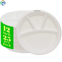 Assiettes en bagasse de canne à sucre personnalisées de 12 pouces, 3 compartiments, écologiques, biodégradables, compostables, robustes, pour mariage, vente en gros