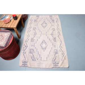 Alfombra Kilim turca Vintage Beige Gris 3,1X5,5 pies Tejido plano hecho a mano Jacquard Técnica Patchwork Lana Látex Pasillo Rectángulo - Product Image 1
