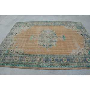 Vintage Rug, 6.5x8.2 ft Turkish Rug, <b>Brown</b> Blue Oriental <b>Wool</b> Rug - Product Image 2