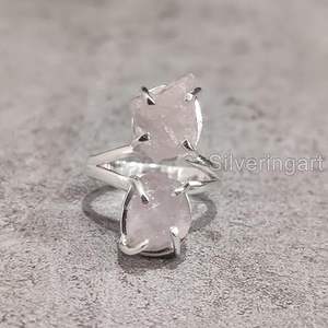 Bague pour femme en quartz rose naturel, pierre de naissance d'avril, double pierre, cadeau de Noël, bijoux faits à la main, bague en argent sterling 925 - Product Image 1