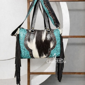 Sac fourre-tout en cuir de vachette occidental, cuir sculpté à la main, franges en cuir, sac à main élégant, sacs en cuir pour femmes, multi-usages - Product Image 1