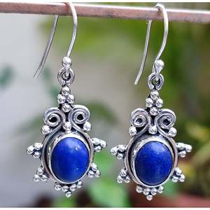 Boucles d'oreilles pendantes bohèmes faites à la main en lapis-lazuli ovale, pierre précieuse naturelle, bijoux en argent sterling artisanaux, cadeau d'anniversaire - Product Image 6