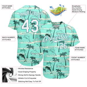 Custom Teal White-Teal 3D Patrón Diseño Hawaii Palmeras Auténtica camiseta de béisbol - Product Image 3