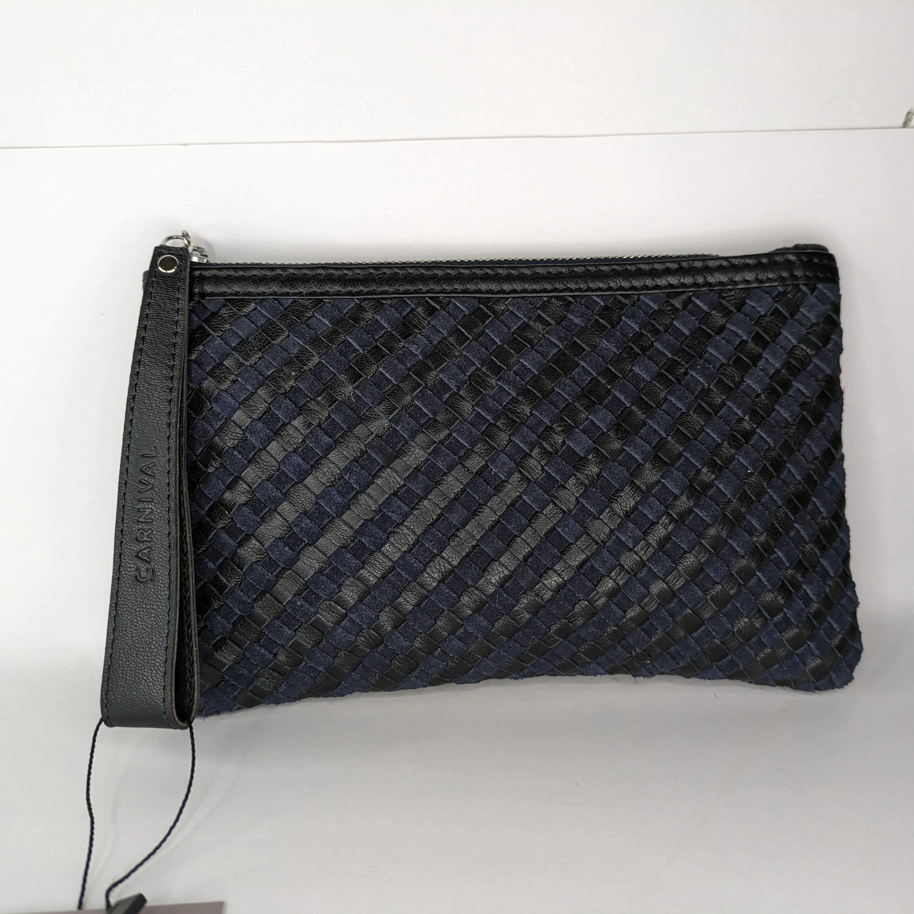 Bolsa de couro trançado com zíper, bolsa de cor preta de alta qualidade com logotipo personalizado, bolsa de armazenamento para viagem com zíper