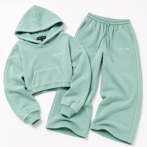 Ensemble de survêtement d'hiver ONEAPEX SPORTS WEAR pour femme, vert menthe, avec strass, sweat à capuche court et pantalon large, streetwear, qualité supérieure, épais - Product Image 5
