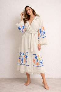 Bata de Baño con Capucha 100% Algodón Muselina para Mujer, Ligera, Estilo Spa, Kimono Boho de Playa, Bata Suave de Muselina Turca - Product Image 5