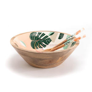 Introducing the Exquisite Handcrafted <b>Wooden</b> Decorative Bowl Featuring Vibrant Tropical Monstera Leaf Patterns <b>Set</b> Against Soft - Product Image 3