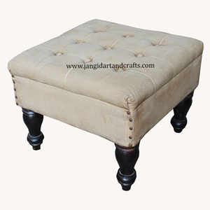 Pouf ottoman carré en bois, cuir et toile, design rustique, aspect antique, artisanat Jangid, meubles faits à la main - Product Image 3