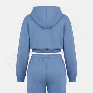 Wholesale OEM Women Winter Vintage Tracksuits <b>Zip</b> <b>Hooded</b> Set 100% Cotton Breathable Comfortable Adult Training Athletic Gym - Product Image 2