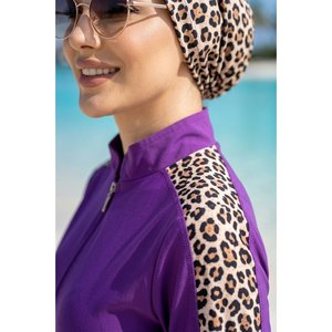 Maillot de bain trois pièces modeste à fermeture éclair imprimé léopard violet, en Spandex/Nylon, motif fruits/lettres, pour la plage et les occasions de baignade - Product Image 3