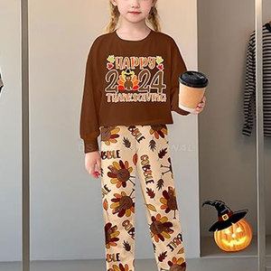 Ensemble 2 pièces pour fille, haut court imprimé à manches longues et pantalon camouflage, vêtements d'automne et d'hiver pour enfants, violet, marron, pour Thanksgiving - Product Image 2