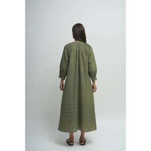 Vestido Maxi Étnico Informal Holgado de Manga Corta con Estampado Floral Gótico, Color Verde Oliva Sólido, de Algodón, para Mujer, para Verano - Product Image 4