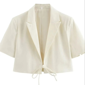 2025 Women's Casual Fashion Versatile Chic Coat Lapel Full Sleeve <b>Shoulder</b> <b>Padded</b> Waterproof Tie Crop Blazer Cotton - Product Image 1