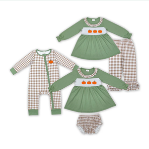 Offre Spéciale bébé enfants citrouille broderie Plaid imprimer soeurs vêtements enfants frères et sœurs smocké automne vêtements - Product Image 6