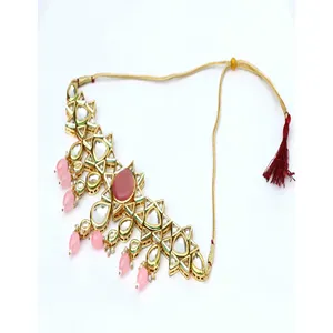 Ensemble de collier choker en cuivre plaqué or rose avec cristaux et pierres Kundan Polki, bijoux de luxe vintage pour mariage et cadeaux - Product Image 2