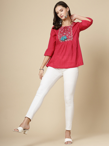 Blusa de Verano para Mujer, Moderna y Elegante, de Algodón Rosa con Estampado Floral, Transpirable, Lavable, con Bordado Elegante, Estilo Indio, Manga Tres Cuartos - Product Image 5