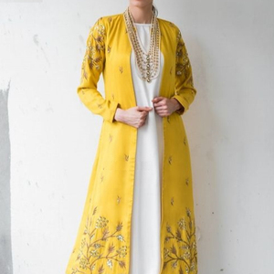 YELLOW LONG JACKET DRESS ON <b>SILK</b> <b>FABRIC</b> WITH EMBELLISH OF BEAUTIFUL CRYSTAL BEADS,PEARLS,GLASS STONE WORK FOR PARTY-WEAR@2022 - Product Image 1
