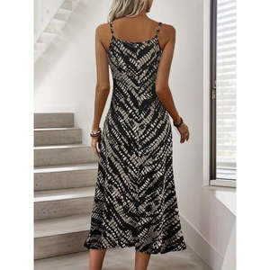 Vestido largo entrelazado con estampado y cuello en V con tirantes finos para mujer, 34849 - Negro - Product Image 5