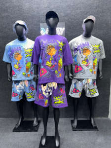 Camiseta de algodón de verano Unisex, conjunto de pantalones cortos con cordón, ropa de calle reflectante lavada con ácido, serigrafía personalizada, prendas de vestir exteriores para hombres - Product Image 4