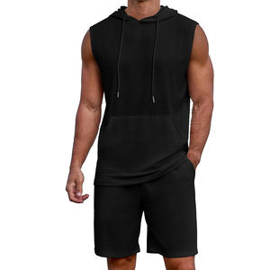 2025 conjuntos cortos de chándal para hombre, conjunto de 2 piezas de verano de color liso, conjunto informal sin mangas con capucha y pantalones cortos - Product Image 3