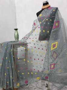 Exclusivo Deshi Dhakai Jamdani Sharee de alta calidad para mujeres JAMDANI tela azul rojo verde dorado cielo azul de Bangladesh - Product Image 3