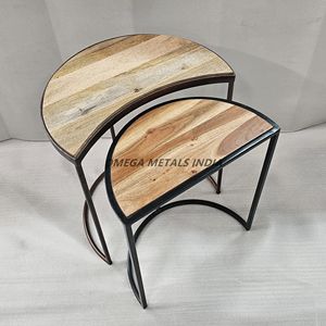 Tables gigognes modernes en demi-lune artisanales en bois rustique avec cadre en métal élégant améliore l'esthétique de la maison - Product Image 2