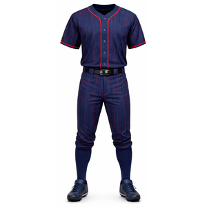 Uniforme de baseball professionnel bleu marine avec rayures rouges sublimées, maillot et pantalon - Product Image 2