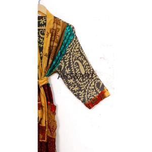 Kimono de seda satinada Vintage elegante para mujer, ropa de playa larga de verano con cierre de cordón, ropa de dormir de retazos hecha de seda - Product Image 4