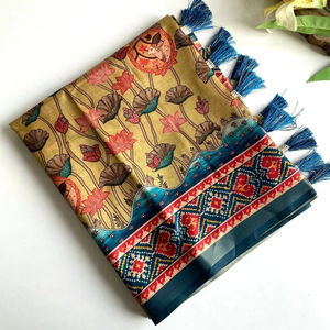 Beau saree en coton avec bordure en viscose Zari Patta glands imprimés numériques pour les fêtes mariages festivals - Product Image 1