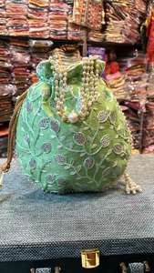 Designer Bottom Flat Ethnic Jaipuri Silk Indian Wedding Thread Work Leaf Vein Design on Silk <b>Potli</b> Wedding Favour Gift - Product Image 6