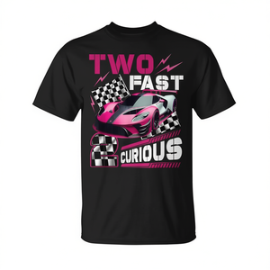Maglietta Two Fast 2 Curious per ragazze, decorazioni per il 2° compleanno a tema auto da corsa, magliette promozionali - Product Image 2