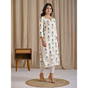 Kurti Recto de Algodón y Yute con Estampado Butta Blanco y Azul, Bufanda y Chal Étnicos - Product Image 6