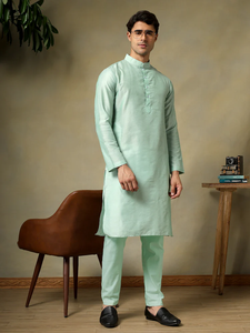 Conjunto de Kurta y Pijama de Algodón y Seda Turquesa para Hombre |   Camisa de Manga Larga con Cuello Redondo, Corte Recto, Transpirable, Informal de Verano, Diseño Étnico - Product Image 6