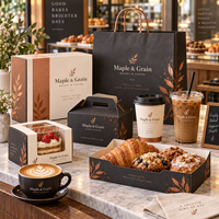 Ensemble d'emballages personnalisés AT PACK pour boulangerie et café, comprenant des gobelets en papier de 12 oz, des gobelets en PET de 16 oz, des sachets de café de 250 g et des boîtes à desserts.