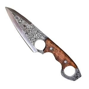 Cuchillo de hoja fija hecho a mano de acero damasco para caza, mango de madera con cómodo agarre de mano, Funda de cuero - Product Image 1