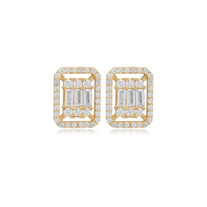 Rectángulo forma Baguette brillante CZ piedra plata Stud pendientes venta al por mayor 925 plata esterlina joyería fina chapado en oro para regalo - Product Image 1