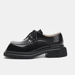 Men And Women Unisex Square-toe Leather Shoes With Thick Platform Chunky Sole Lace-up Derby Large Size Shoes